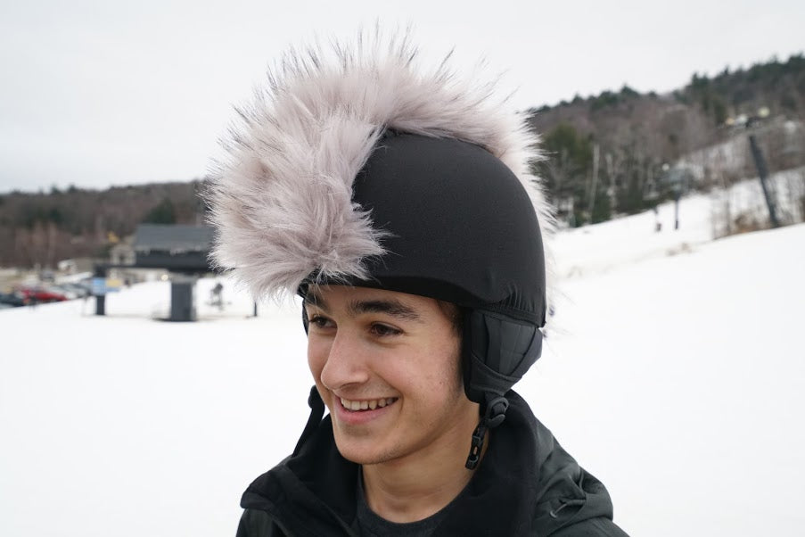 Steel Gray Faux Fur ski Helmet Cover  BurrFur -Mohawk - Burrfur